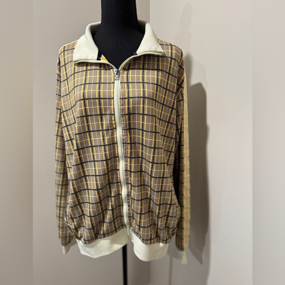 Mens Plaid Track Jacket Retro Style Full Zip Collar Ribbed Cuffs Tan Yellow